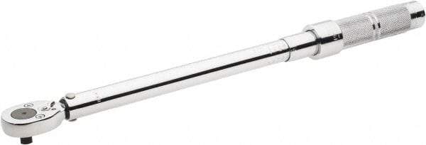 Proto - 3/8" Drive Micrometer Type Ratchet Head Torque Wrench - 34 N/m to 142 N/m Torque, 17" OAL, 0.68 N/m Graduation, Ratchet Head - Apex Tool & Supply