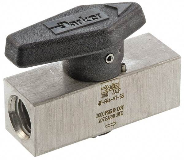 Parker - 1/2" Pipe, 3,000 psi WOG Rating, 316 Stainless Steel, Inline, One Way Instrumentation Plug Valve - Wedge Handle, FNPT x FNPT End Connections, Viton Seal - Apex Tool & Supply