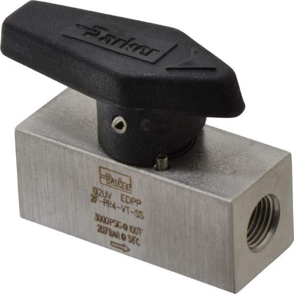 Parker - 1/8" Pipe, 3,000 psi WOG Rating, 316 Stainless Steel, Inline, One Way Instrumentation Plug Valve - Wedge Handle, FNPT x FNPT End Connections, Viton Seal - Apex Tool & Supply