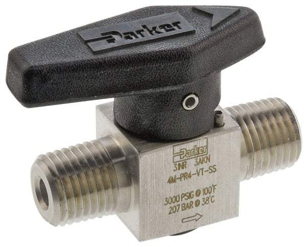 Parker - 1/8" Pipe, 3,000 psi WOG Rating, 316 Stainless Steel, Inline, One Way Instrumentation Plug Valve - Wedge Handle, MNPT x MNPT End Connections, Viton Seal - Apex Tool & Supply