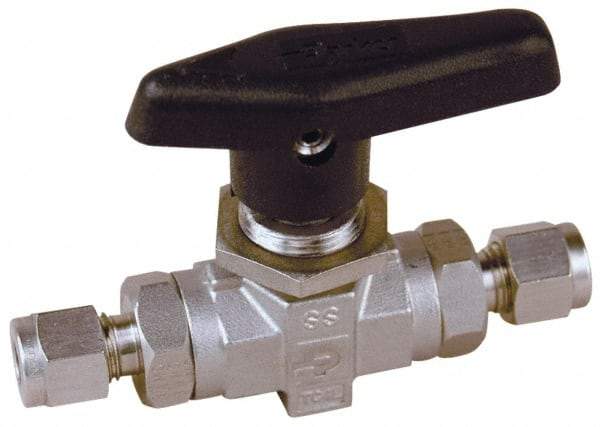 Parker - 1/2" Pipe, Stainless Steel, Inline, Two Way Flow, Instrumentation Ball Valve - 6,000 psi WOG Rating, Wedge Handle, PTFE Seal, PTFE Seat - Apex Tool & Supply