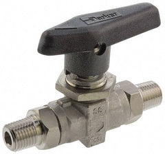 Parker - 1/2" Pipe, MNPT x MNPT End Connections, Stainless Steel, Inline, Two Way Flow, Instrumentation Ball Valve - 6,000 psi WOG Rating, Wedge Handle, PTFE Seal, PTFE Seat - Apex Tool & Supply