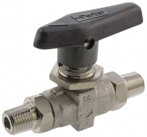Parker - 3/8" Pipe, MNPT x MNPT End Connections, Stainless Steel, Inline, Two Way Flow, Instrumentation Ball Valve - 6,000 psi WOG Rating, Wedge Handle, PTFE Seal, PTFE Seat - Apex Tool & Supply