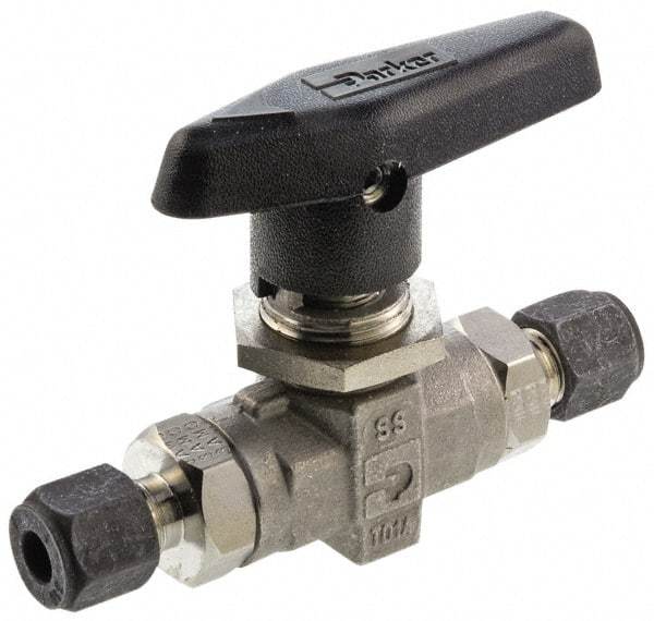 Parker - 1/8" Pipe, Compression x Compression CPI End Connections, Stainless Steel, Inline, Two Way Flow, Instrumentation Ball Valve - 6,000 psi WOG Rating, Wedge Handle, PTFE Seal, PTFE Seat - Apex Tool & Supply