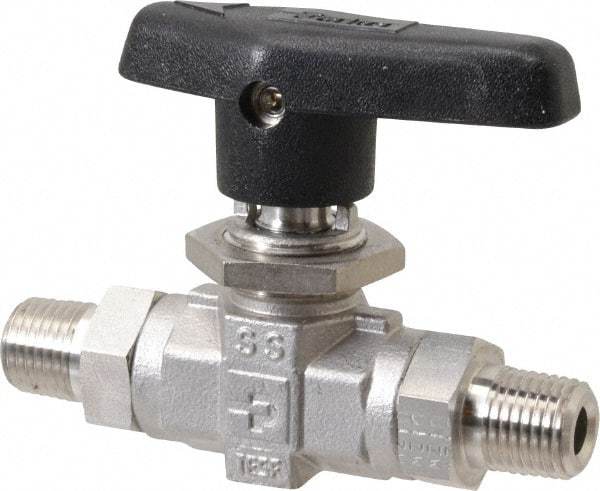 Parker - 1/4" Pipe, MNPT x MNPT End Connections, Stainless Steel, Inline, Two Way Flow, Instrumentation Ball Valve - 6,000 psi WOG Rating, Wedge Handle, PTFE Seal, PTFE Seat - Apex Tool & Supply