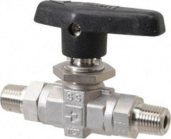 Parker - 1/4" Pipe, MNPT x MNPT End Connections, Stainless Steel, Inline, Two Way Flow, Instrumentation Ball Valve - 6,000 psi WOG Rating, Wedge Handle, PTFE Seal, PTFE Seat - Apex Tool & Supply