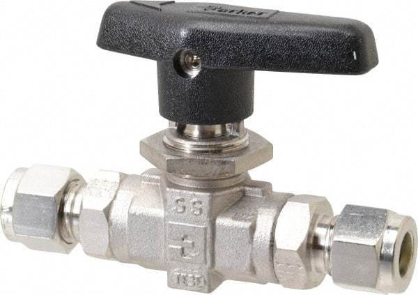 Parker - 3/8" Pipe, Stainless Steel, Inline, Two Way Flow, Instrumentation Ball Valve - 6,000 psi WOG Rating, Wedge Handle, PTFE Seal, PTFE Seat - Apex Tool & Supply