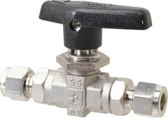 Parker - 3/8" Pipe, Stainless Steel, Inline, Two Way Flow, Instrumentation Ball Valve - 6,000 psi WOG Rating, Wedge Handle, PTFE Seal, PTFE Seat - Apex Tool & Supply