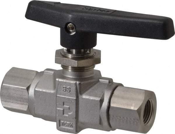 Parker - 3/8" Pipe, FNPT x FNPT End Connections, Stainless Steel, Inline, Two Way Flow, Instrumentation Ball Valve - 6,000 psi WOG Rating, Wedge Handle, PTFE Seal, PTFE Seat - Apex Tool & Supply