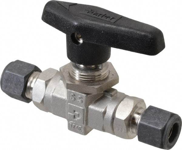 Parker - 3/8" Pipe, Compression x Compression CPI End Connections, Stainless Steel, Inline, Two Way Flow, Instrumentation Ball Valve - 6,000 psi WOG Rating, Wedge Handle, PTFE Seal, PTFE Seat - Apex Tool & Supply