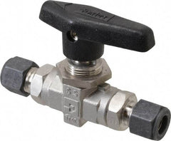 Parker - 3/8" Pipe, Compression x Compression CPI End Connections, Stainless Steel, Inline, Two Way Flow, Instrumentation Ball Valve - 6,000 psi WOG Rating, Wedge Handle, PTFE Seal, PTFE Seat - Apex Tool & Supply