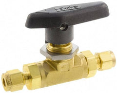 Parker - 1/8" Pipe, Compression x Compression CPI End Connections, Brass, Inline, Two Way Flow, Instrumentation Ball Valve - 3,000 psi WOG Rating, Wedge Handle, PTFE Seal, PTFE Seat - Apex Tool & Supply