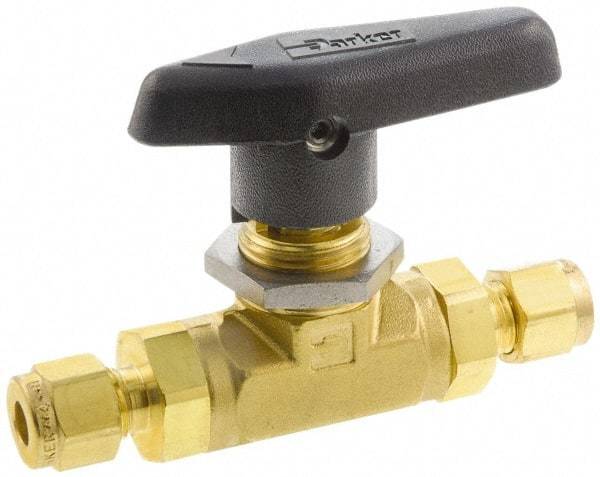 Parker - 3/8" Pipe, Brass, Inline, Two Way Flow, Instrumentation Ball Valve - 3,000 psi WOG Rating, Wedge Handle, PTFE Seal, PTFE Seat - Apex Tool & Supply