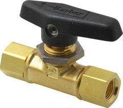 Parker - 1/8" Pipe, FNPT x FNPT End Connections, Brass, Inline, Two Way Flow, Instrumentation Ball Valve - 3,000 psi WOG Rating, Wedge Handle, PTFE Seal, PTFE Seat - Apex Tool & Supply