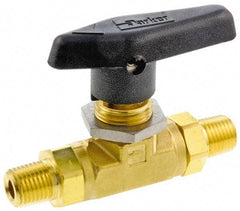 Parker - 3/8" Pipe, MNPT x MNPT End Connections, Brass, Inline, Two Way Flow, Instrumentation Ball Valve - 3,000 psi WOG Rating, Wedge Handle, PTFE Seal, PTFE Seat - Apex Tool & Supply