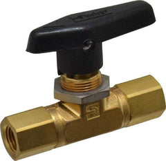 Parker - 1/4" Pipe, FNPT x FNPT End Connections, Brass, Inline, Two Way Flow, Instrumentation Ball Valve - 3,000 psi WOG Rating, Wedge Handle, PTFE Seal, PTFE Seat - Apex Tool & Supply