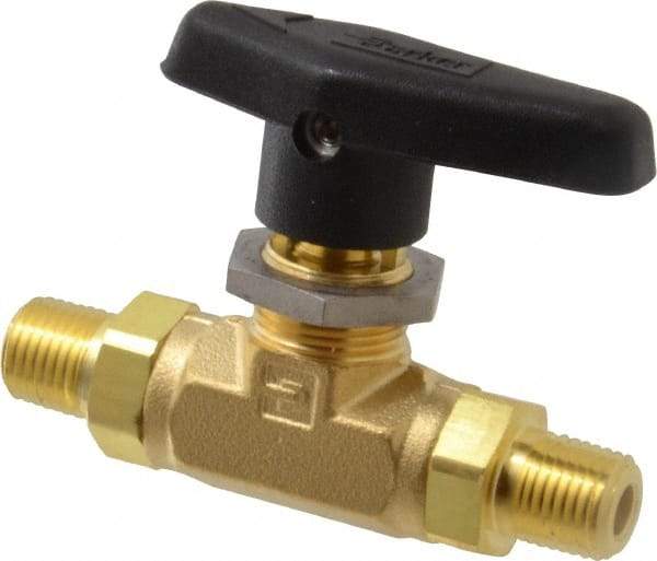Parker - 1/4" Pipe, MNPT x MNPT End Connections, Brass, Inline, Two Way Flow, Instrumentation Ball Valve - 3,000 psi WOG Rating, Wedge Handle, PTFE Seal, PTFE Seat - Apex Tool & Supply