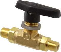 Parker - 1/4" Pipe, MNPT x MNPT End Connections, Brass, Inline, Two Way Flow, Instrumentation Ball Valve - 3,000 psi WOG Rating, Wedge Handle, PTFE Seal, PTFE Seat - Apex Tool & Supply