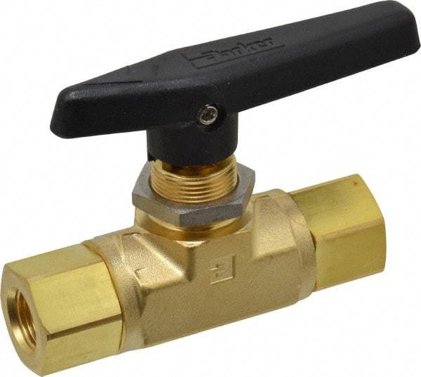 Parker - 3/8" Pipe, FNPT x FNPT End Connections, Brass, Inline, Two Way Flow, Instrumentation Ball Valve - 3,000 psi WOG Rating, Wedge Handle, PTFE Seal, PTFE Seat - Apex Tool & Supply