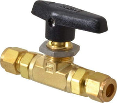 Parker - 3/8" Pipe, Compression x Compression CPI End Connections, Brass, Inline, Two Way Flow, Instrumentation Ball Valve - 3,000 psi WOG Rating, Wedge Handle, PTFE Seal, PTFE Seat - Apex Tool & Supply
