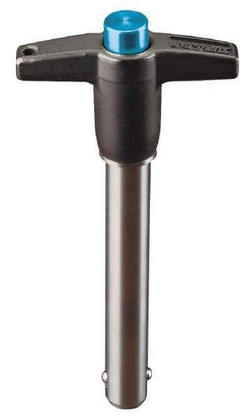 Jergens - 3/16" Diam, 1-1/2" Usable Length, T Handle, Push Button Quick Release Pin - 3" Overall Length, Grade 17-4 Stainless Steel, Passivated Finish - Apex Tool & Supply