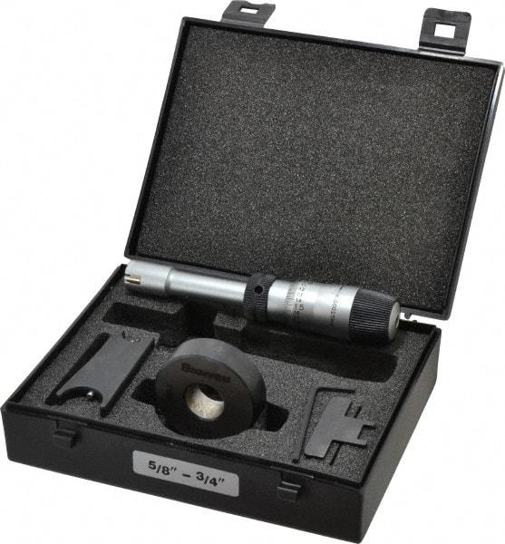 Starrett - 5/8" to 3/4", 2-7/16" Gage Depth, Mechanical Inside Hole Micrometer - 0.0003" Graduation, 0.00015" Accuracy, Ratchet Stop Thimble - Apex Tool & Supply