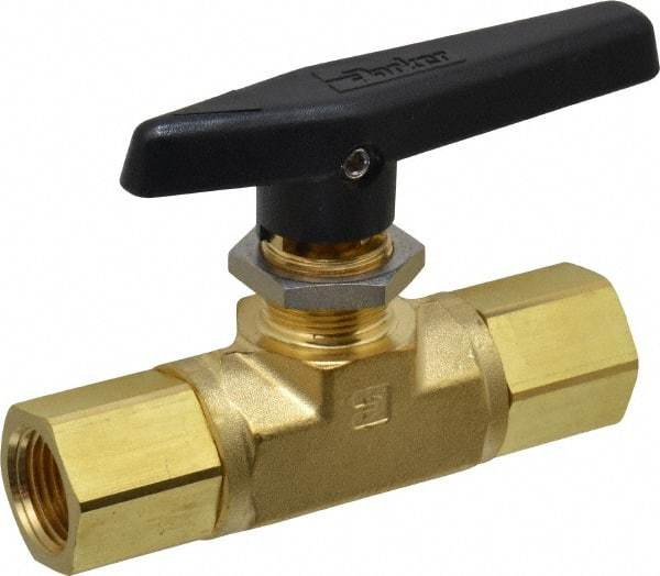 Parker - 1/2" Pipe, FNPT x FNPT End Connections, Brass, Inline, Two Way Flow, Instrumentation Ball Valve - 3,000 psi WOG Rating, Wedge Handle, PTFE Seal, PTFE Seat - Apex Tool & Supply
