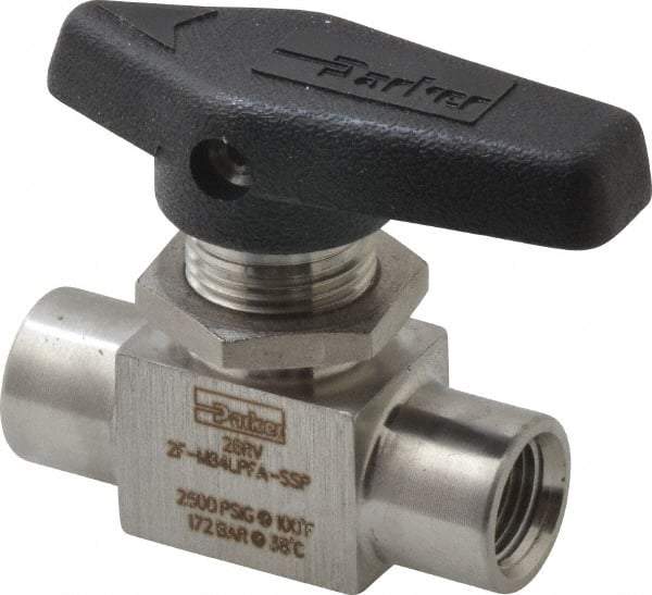 Parker - 1/8" Pipe, FNPT x FNPT End Connections, Stainless Steel, Inline, Two Way Flow, Instrumentation Ball Valve - 2,500 psi WOG Rating, Wedge Handle, PFA Seat - Apex Tool & Supply