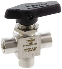 Parker - 1/8" Pipe, FNPT x FNPT x FNPT End Connections, Stainless Steel, Three Way, Instrumentation Ball Valve - 2,500 psi WOG Rating, Wedge Handle, PFA Seat - Apex Tool & Supply