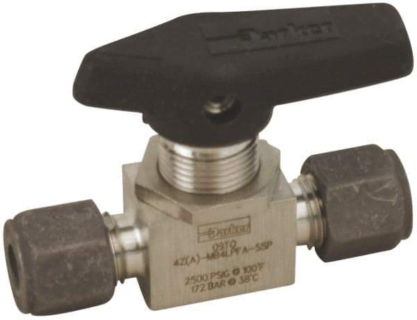 Parker - 1/4" Pipe, Compression x Compression CPI End Connections, Stainless Steel, Inline, Two Way Flow, Instrumentation Ball Valve - 2,500 psi WOG Rating, Wedge Handle, PFA Seat - Apex Tool & Supply