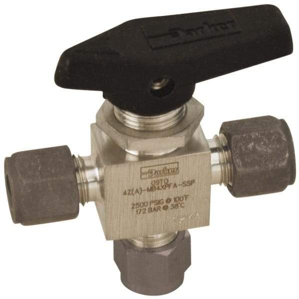 Parker - 3/8" Pipe, Compression x Compression x Compression CPI End Connections, Stainless Steel, Three Way, Instrumentation Ball Valve - 3,000 psi WOG Rating, Wedge Handle, PFA Seat - Apex Tool & Supply
