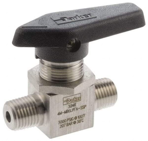 Parker - 1/4" Pipe, MNPT x MNPT End Connections, Stainless Steel, Inline, Two Way Flow, Instrumentation Ball Valve - 3,000 psi WOG Rating, Wedge Handle, PFA Seat - Apex Tool & Supply