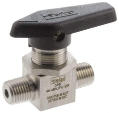 Parker - 1/4" Pipe, MNPT x MNPT End Connections, Stainless Steel, Inline, Two Way Flow, Instrumentation Ball Valve - 3,000 psi WOG Rating, Wedge Handle, PFA Seat - Apex Tool & Supply