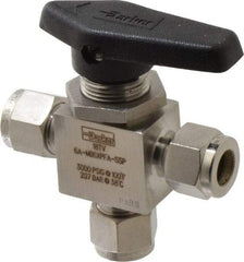 Parker - 3/8" Pipe, Stainless Steel, Three Way, Instrumentation Ball Valve - 3,000 psi WOG Rating, Wedge Handle, PFA Seat - Apex Tool & Supply
