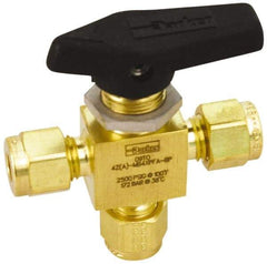 Parker - 1/4" Pipe, Compression x Compression x Compression CPI End Connections, Brass, Three Way, Instrumentation Ball Valve - 2,500 psi WOG Rating, Wedge Handle, PFA Seat - Apex Tool & Supply