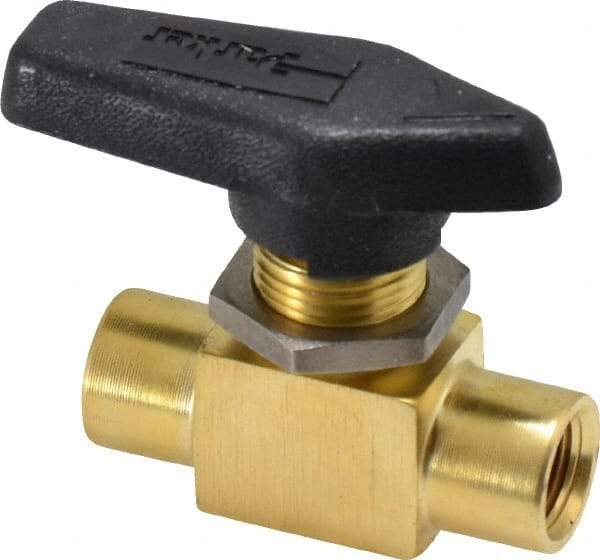 Parker - 1/8" Pipe, FNPT x FNPT End Connections, Brass, Inline, Two Way Flow, Instrumentation Ball Valve - 2,500 psi WOG Rating, Wedge Handle, PFA Seat - Apex Tool & Supply
