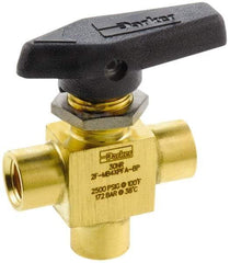 Parker - 1/8" Pipe, FNPT x FNPT x FNPT End Connections, Brass, Three Way, Instrumentation Ball Valve - 2,500 psi WOG Rating, Wedge Handle, PFA Seat - Apex Tool & Supply