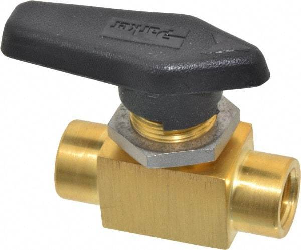 Parker - 1/4" Pipe, FNPT x FNPT End Connections, Brass, Inline, Two Way Flow, Instrumentation Ball Valve - 3,000 psi WOG Rating, Wedge Handle, PFA Seat - Apex Tool & Supply