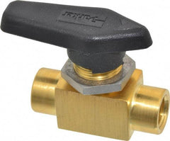 Parker - 1/4" Pipe, FNPT x FNPT End Connections, Brass, Inline, Two Way Flow, Instrumentation Ball Valve - 3,000 psi WOG Rating, Wedge Handle, PFA Seat - Apex Tool & Supply