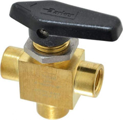 Parker - 1/4" Pipe, FNPT x FNPT x FNPT End Connections, Brass, Three Way, Instrumentation Ball Valve - 3,000 psi WOG Rating, Wedge Handle, PFA Seat - Apex Tool & Supply