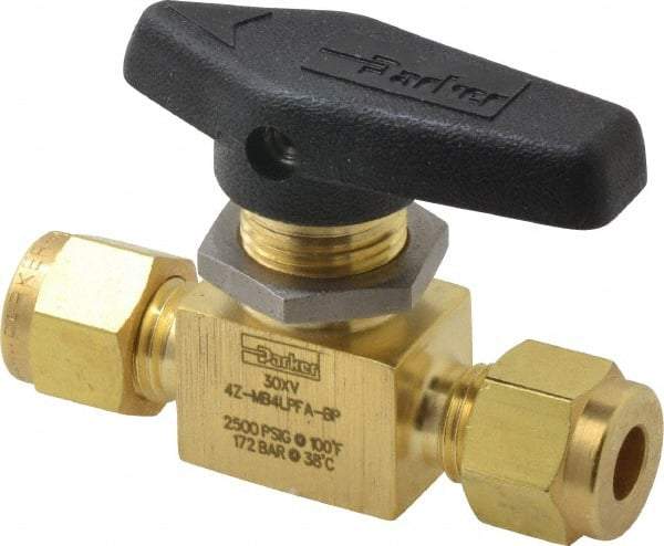 Parker - 1/4" Pipe, Compression x Compression CPI End Connections, Brass, Inline, Two Way Flow, Instrumentation Ball Valve - 2,500 psi WOG Rating, Wedge Handle, PFA Seat - Apex Tool & Supply