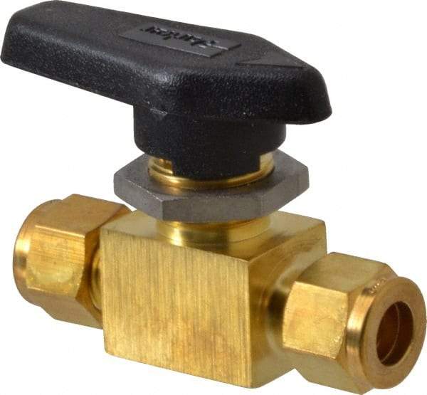 Parker - 3/8" Pipe, Brass, Inline, Two Way Flow, Instrumentation Ball Valve - 3,000 psi WOG Rating, Wedge Handle, PFA Seat - Apex Tool & Supply
