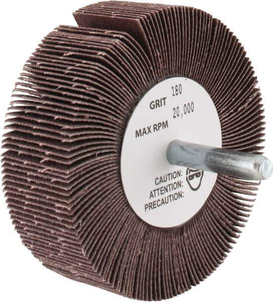 Merit Abrasives - 3" Diam x 1" Face Width, Very Fine Aluminum Oxide Coated Mounted Flap Wheel - 1/4" Shank Mount, 180 Grit, 30,000 Max RPM - Apex Tool & Supply