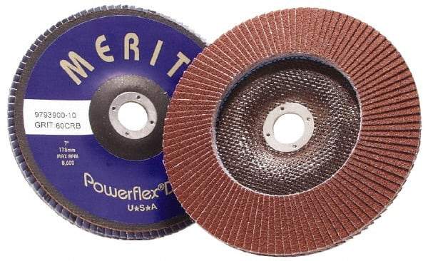 Merit Abrasives - 40 Grit, 7" Disc Diam, 7/8" Center Hole, Type 29 Ceramic Flap Disc - 8,600 Max RPM, Coated - Apex Tool & Supply