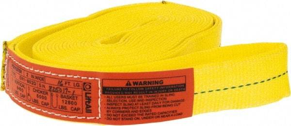 Lift-All - 16' Long x 2" Wide, 6,400 Lb Vertical Capacity, 1 Ply, Polyester Web Sling - 5,000 Lb Choker Capacity, Yellow - Apex Tool & Supply