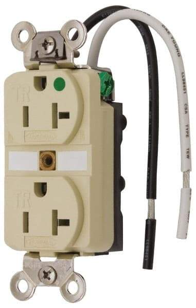 Hubbell Wiring Device-Kellems - 125 VAC, 20 Amp, 5-20R NEMA Configuration, Ivory, Hospital Grade, Self Grounding Duplex Receptacle - 1 Phase, 2 Poles, 3 Wire, Flush Mount, Chemical, Corrosion and Impact Resistant, Tamper Resistant - Apex Tool & Supply