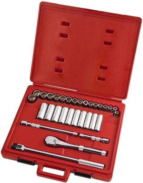 Proto - 31 Piece 1/2" Drive Full Polish Finish Deep Well Socket Set - 12 Points, 10mm to 26mm Range, Metric Measurement Standard - Apex Tool & Supply