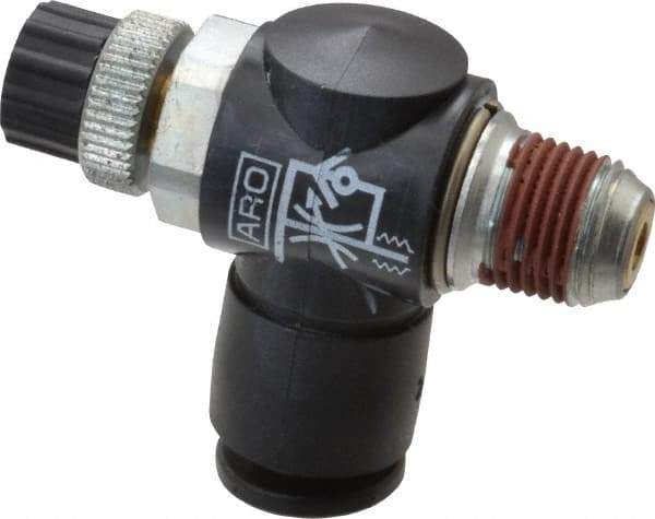 ARO/Ingersoll-Rand - 1/8" Male NPT x 1/4" Female NPT Right Angle Flow Control Valve - 0 to 150 psi & Brass Material - Apex Tool & Supply