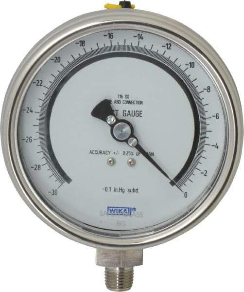 Wika - 4" Dial, 1/4 Thread, 30-0 Scale Range, Pressure Gauge - Lower Connection Mount, Accurate to 0.25% of Scale - Apex Tool & Supply
