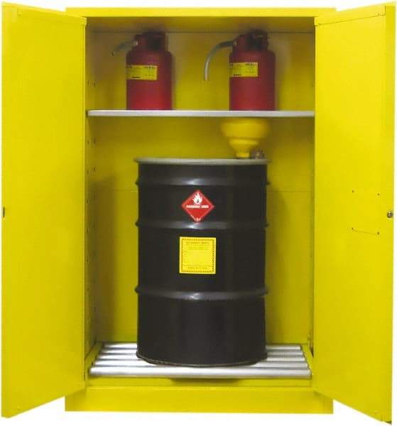 Securall Cabinets - 43" Wide x 31" Deep x 65" High, 18 Gauge Steel Vertical Drum Cabinet with 3 Point Key Lock - Yellow, Manual Closing Door, 1 Shelf, 2 Drums, Drum Rollers Included - Apex Tool & Supply